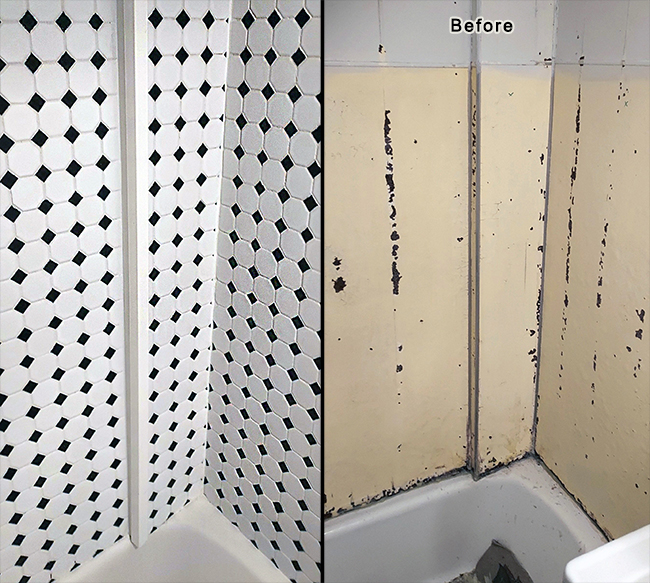 before and after tiled bathroom wall
